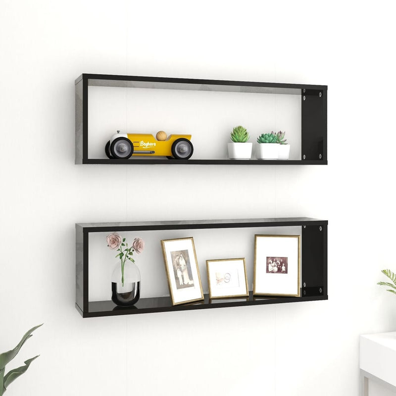 Wall Cube Shelves 2 pcs High Gloss Black 80x15x26.5 cm Chipboard Payday Deals