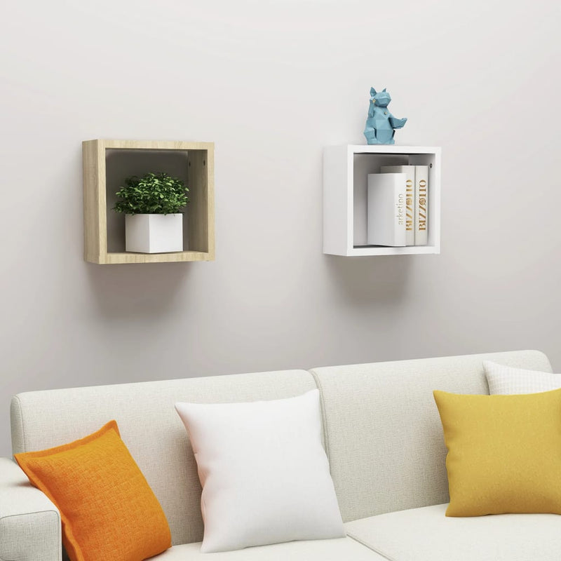 Wall Cube Shelves 2 pcs White and Sonoma Oak 30x15x30 cm Payday Deals