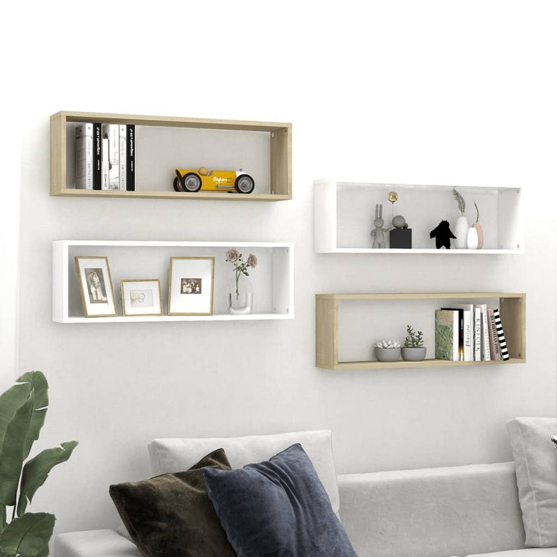 Wall Cube Shelves 4 pcs White&Sonoma Oak 80x15x26.5cm Chipboard Payday Deals