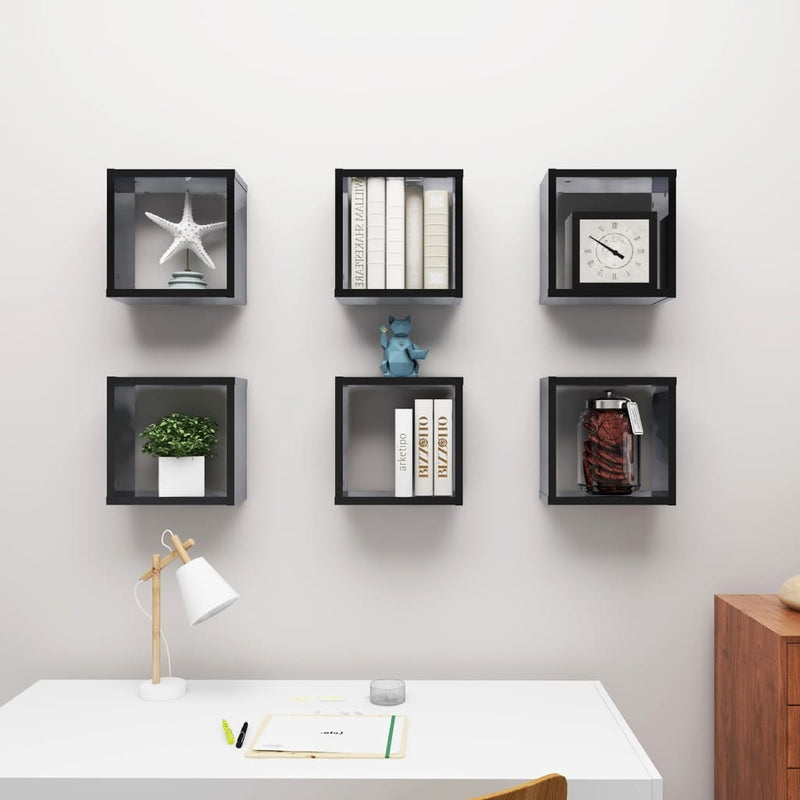 Wall Cube Shelves 6 pcs High Gloss Black 30x15x30 cm Payday Deals