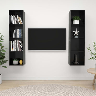 Wall-mounted TV Cabinets 2 pcs High Gloss Black Engineered Wood