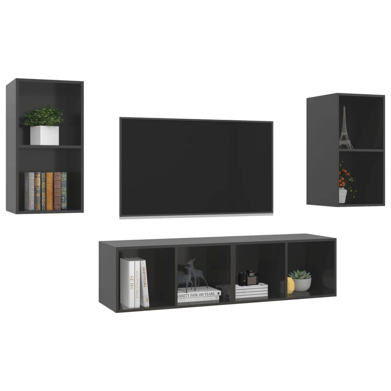 Wall-mounted TV Cabinets 4 pcs High Gloss Grey Chipboard Payday Deals
