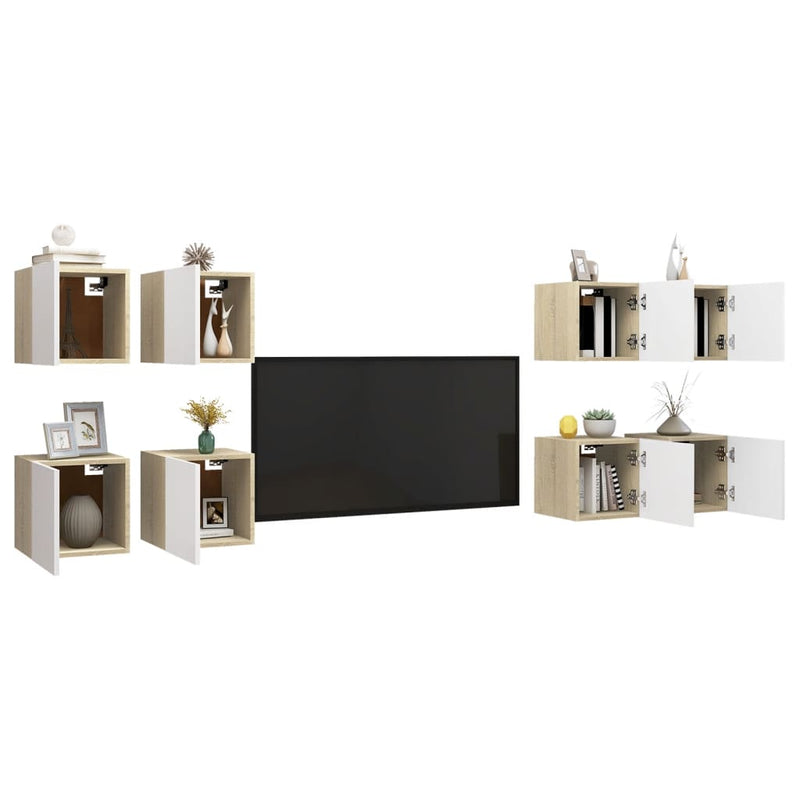 Wall Mounted TV Cabinets 8pcs White and Sonoma Oak 30.5x30x30cm Payday Deals