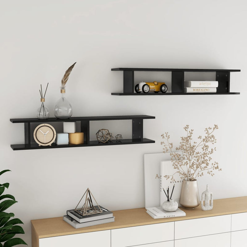 Wall Shelves 2 pcs High Gloss Black 105x18x20cm Engineered Wood Payday Deals