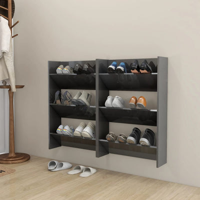 Wall Shoe Cabinets 2 pcs High Gloss Grey 60x18x90 cm Engineered Wood