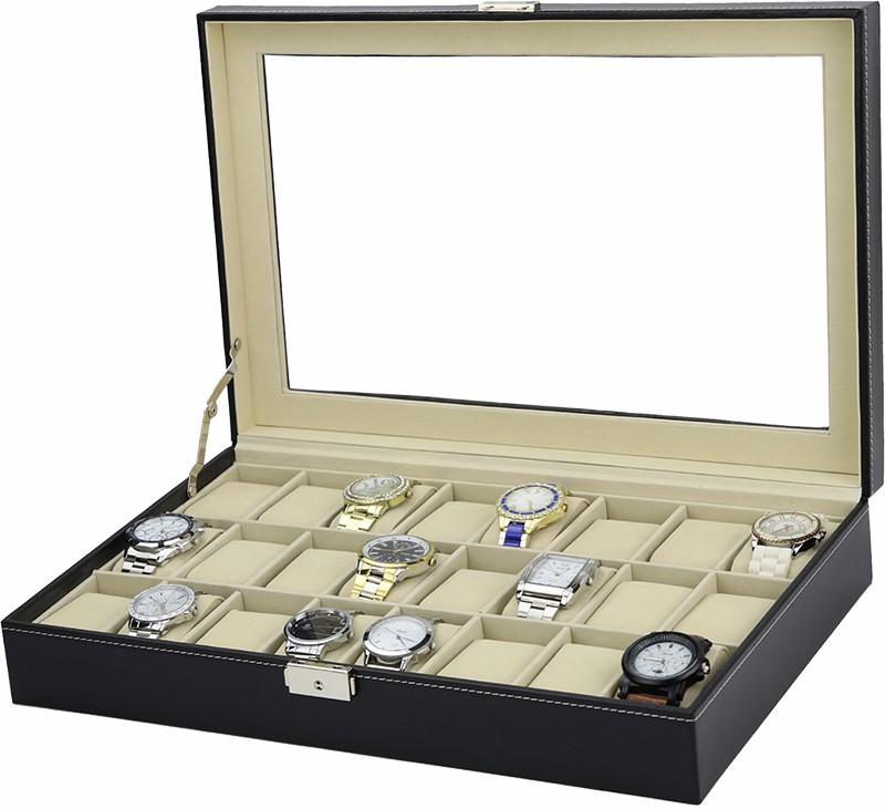 Watch Box - 24 Slot Luxury Display Case With Framed Glass Lid Payday Deals