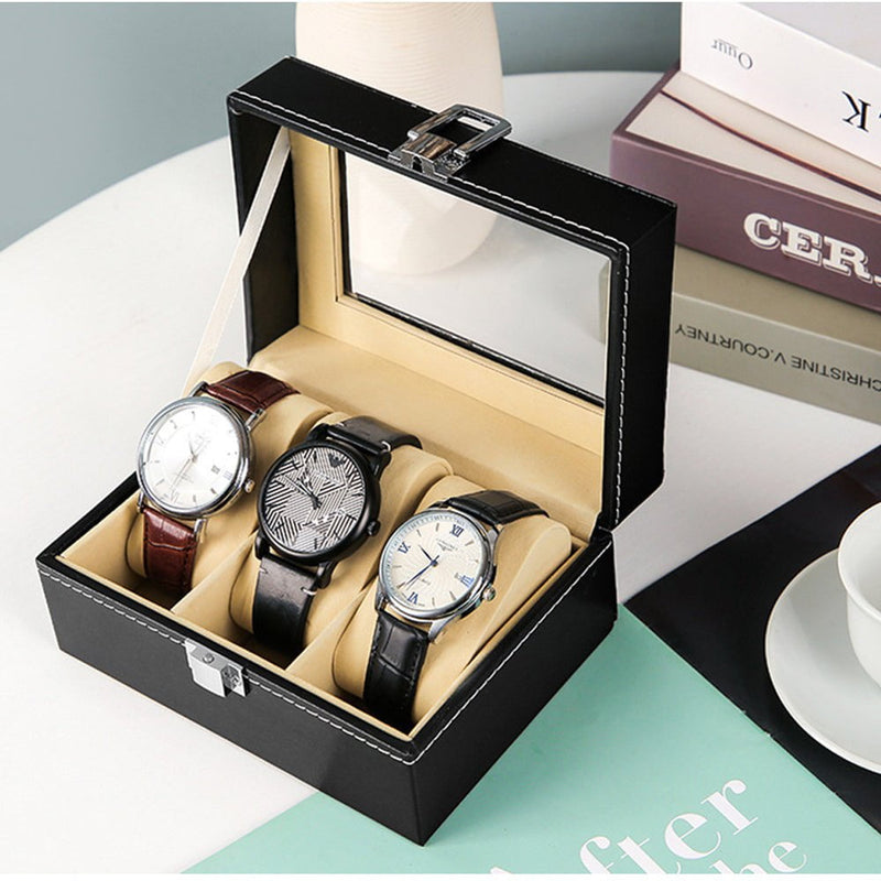 Watch Box Organizer Case Jewelry Display Tray Glass Top PU Leather(2 Slot) Payday Deals