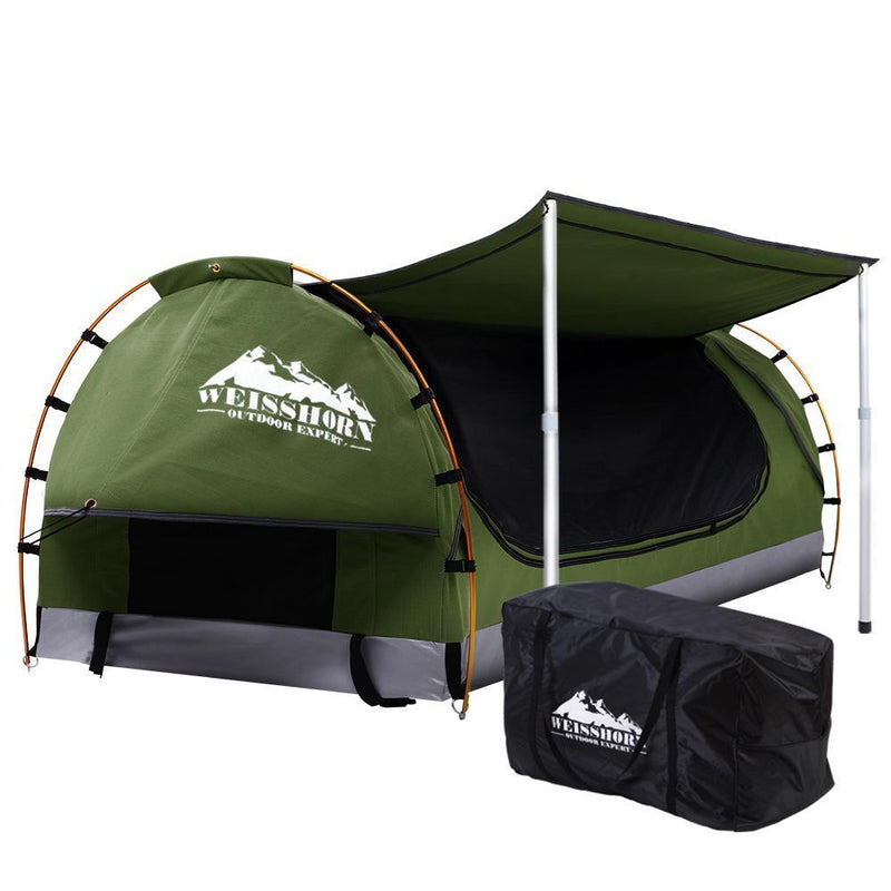 Weisshorn Double Swag Camping Swags Canvas Free Standing Dome Tent Celadon with 7CM Mattress Payday Deals