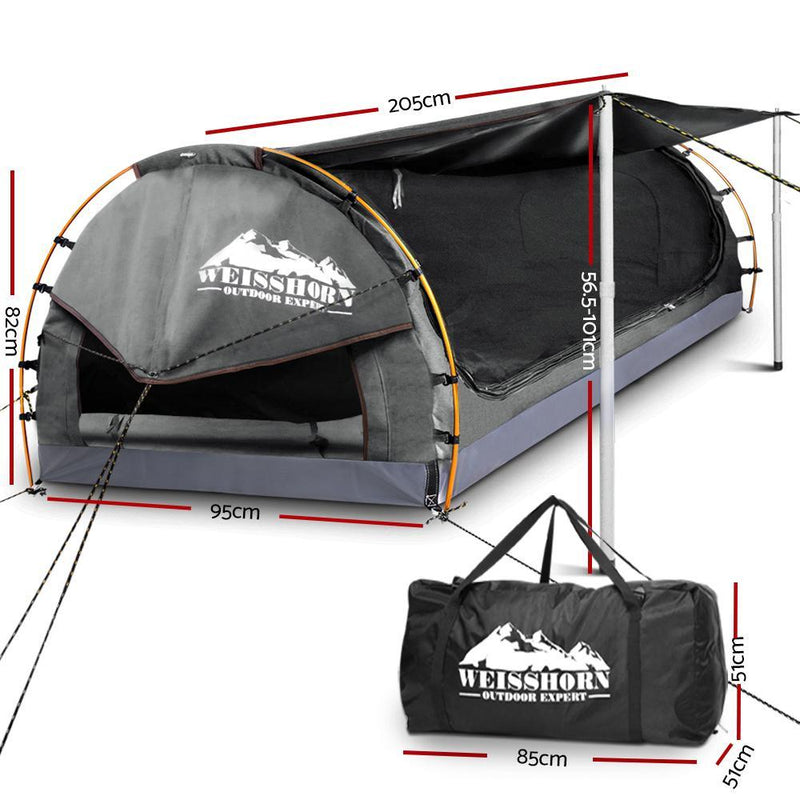 WEISSHORN King Single Camping Swags Canvas Swag Tent with Mattress Grey