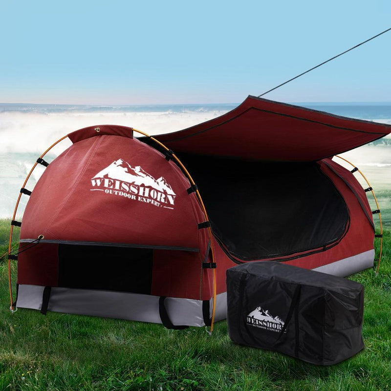 Weisshorn Swag King Single Camping Swags Canvas Free Standing Dome Tent Red with 7CM Mattress