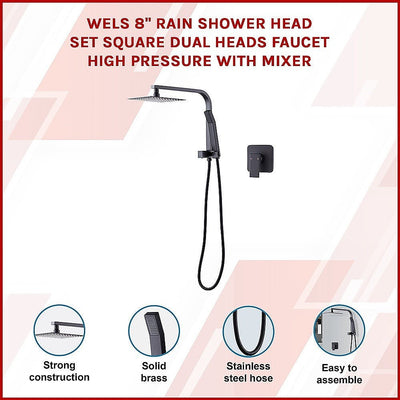 WELS 8" Rain Shower Head Set Square Dual Heads Faucet High Pressure With Mixer Payday Deals