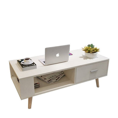 White Coffee Table Storage Drawer & Open Shelf With Wooden Legs