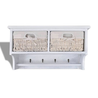 White Paulownia Wood Wall Shelf With Hangers 2 Weaving Baskets 4 Hooks Payday Deals