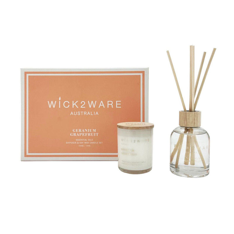 Wick2Ware Australia Geranium Grapefruit Essential Oils Diffuser and Soy Wax Candle Set Payday Deals