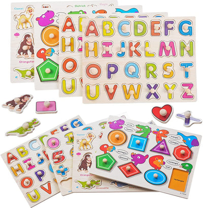 Wooden Alphabet ABC, Numbers and Farm Animals Learning Puzzles Board for Kids Preschool Educational Pegged Puzzles Activity from 3 to 4 years Old Payday Deals
