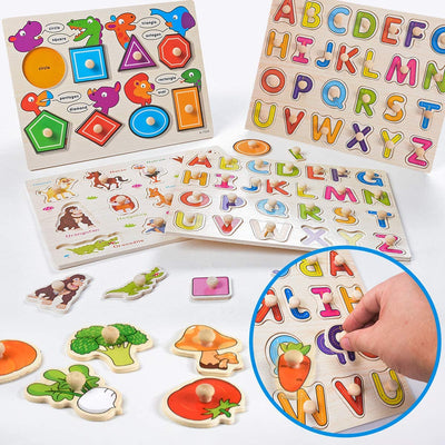 Wooden Alphabet ABC, Numbers and Farm Animals Learning Puzzles Board for Kids Preschool Educational Pegged Puzzles Activity from 3 to 4 years Old Payday Deals