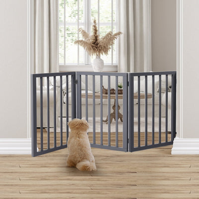 Wooden Pet Gate Dog Fence Retractable Barrier Portable Door 3 Panel Grey Payday Deals