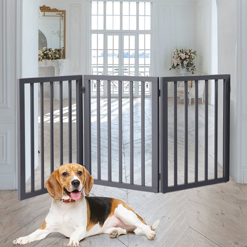 Wooden Pet Gate Dog Fence Retractable Barrier Portable Door 3 Panel Grey Payday Deals