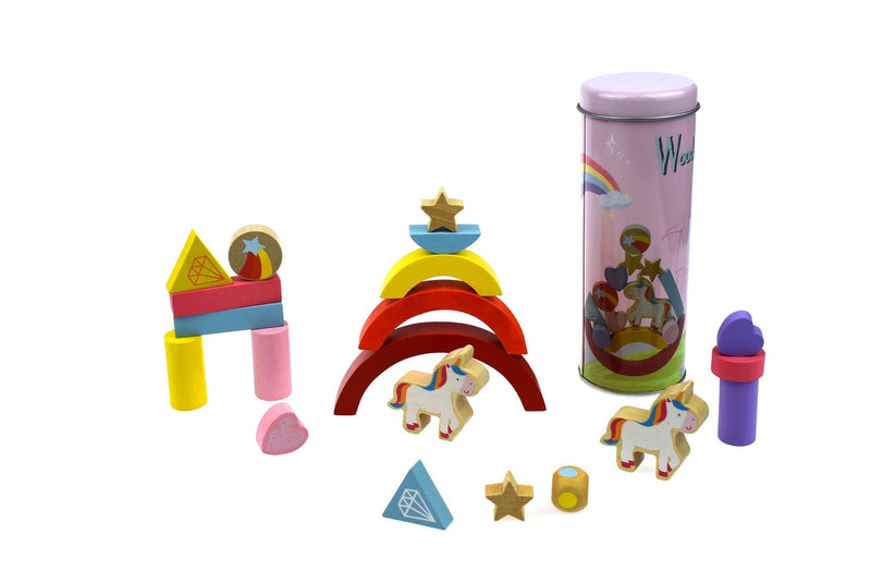 WOODEN UNICORN  BALANCING BLOCKS IN METAL CYLINDER Payday Deals