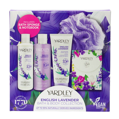 Yardley English Lavender Gift Set Body Wash, Lotion, Sponge, Hand Cream Notebook