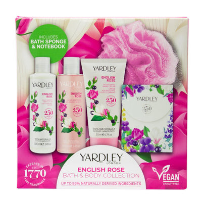 Yardley English Rose Gift Set Body Wash, Lotion, Sponge, Hand Cream, Notebook