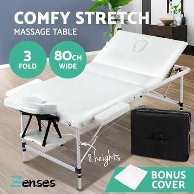 Zenses 80cm Wide Portable Aluminium Massage Table 3 Fold Treatment Beauty Therapy White